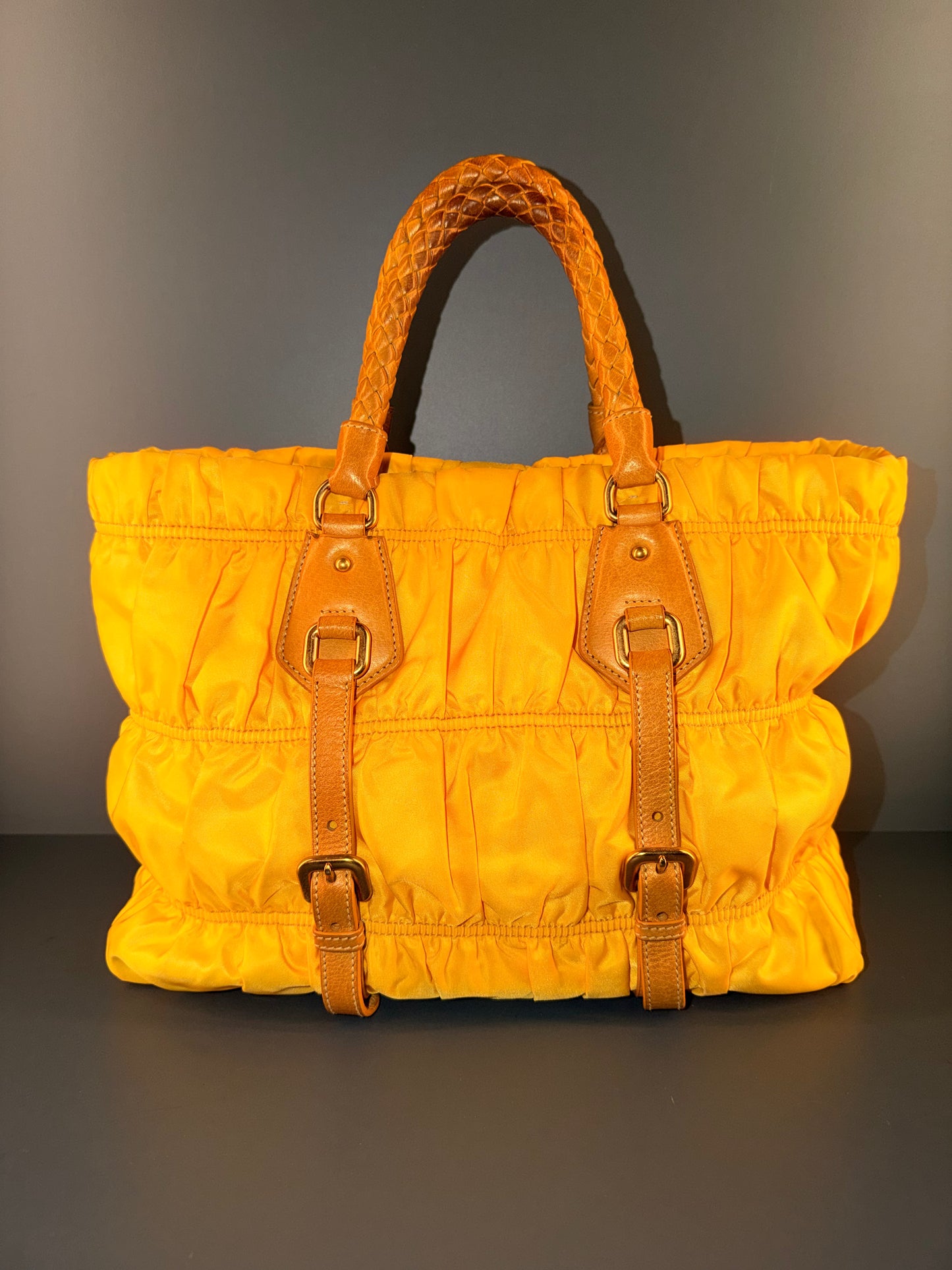 PRADA NYLON YELLOW GOFFRATO TWO WAY HANDBAG
