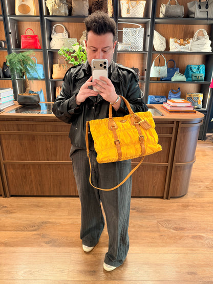 PRADA NYLON YELLOW GOFFRATO TWO WAY HANDBAG