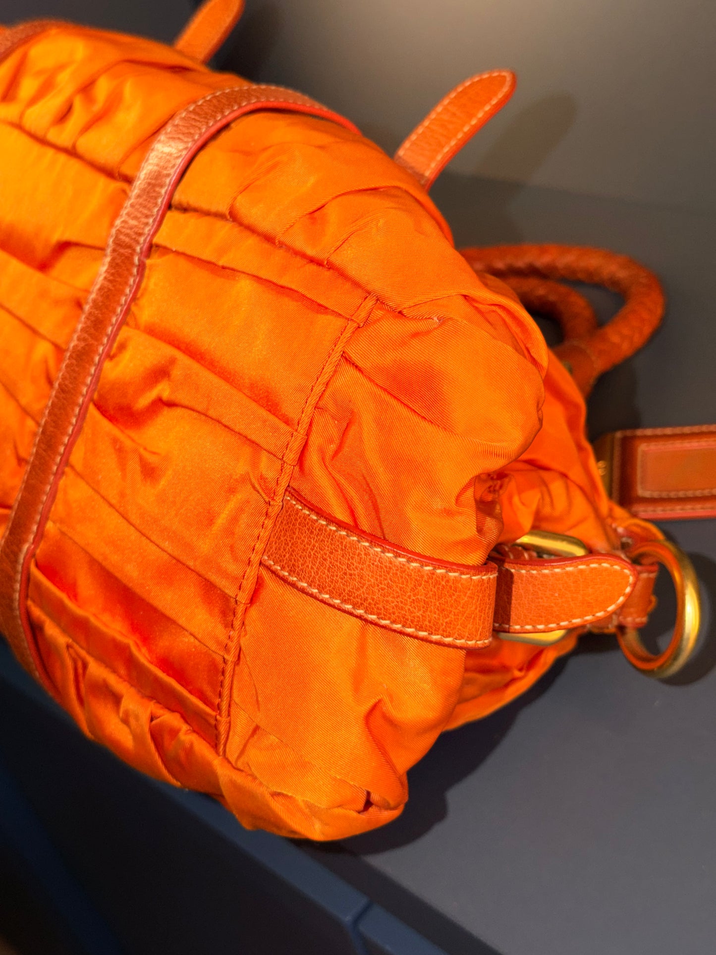 PRADA NYLON ORANGE GOFFRATO EAST WEST TWO WAY HANDBAG