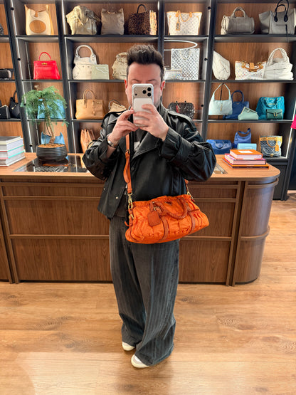 PRADA NYLON ORANGE GOFFRATO EAST WEST TWO WAY HANDBAG