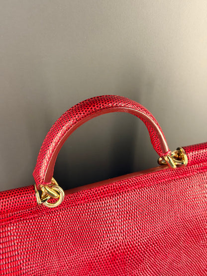 DOLCE & GABBANA RED AMBOSSED LIZARD MEDIUM MISS SICILY HANDBAG