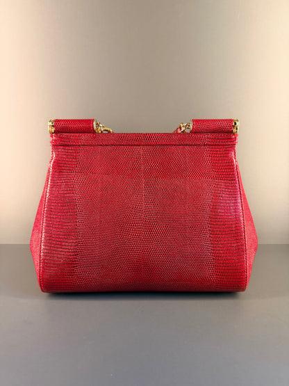 DOLCE & GABBANA RED AMBOSSED LIZARD MEDIUM MISS SICILY HANDBAG