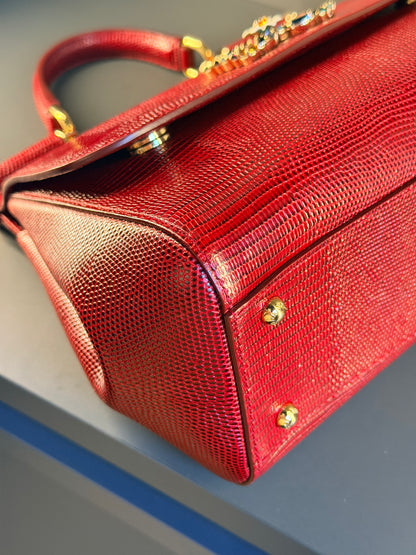 DOLCE & GABBANA RED AMBOSSED LIZARD MEDIUM MISS SICILY HANDBAG