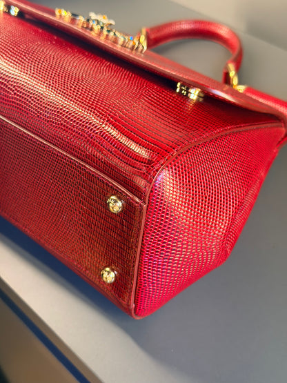 DOLCE & GABBANA RED AMBOSSED LIZARD MEDIUM MISS SICILY HANDBAG