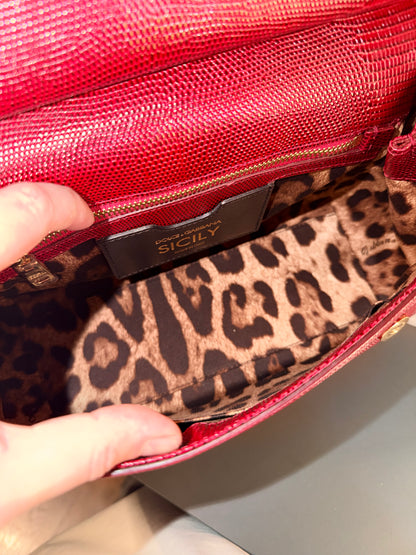 DOLCE & GABBANA RED AMBOSSED LIZARD MEDIUM MISS SICILY HANDBAG