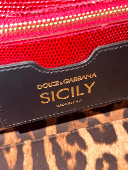 DOLCE & GABBANA RED AMBOSSED LIZARD MEDIUM MISS SICILY HANDBAG