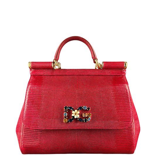 DOLCE & GABBANA RED AMBOSSED LIZARD MEDIUM MISS SICILY HANDBAG