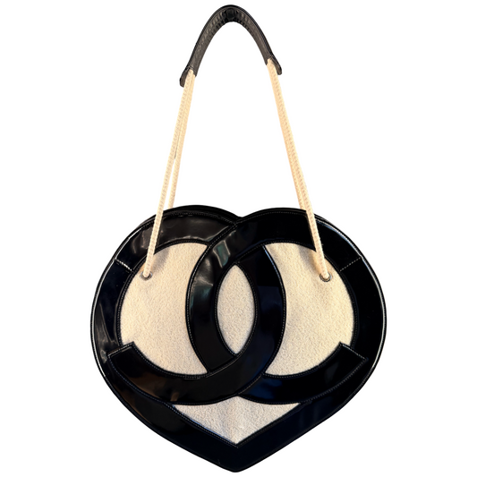 CHANEL TERRY COTTON AND PATENT HEART TOTE BAG