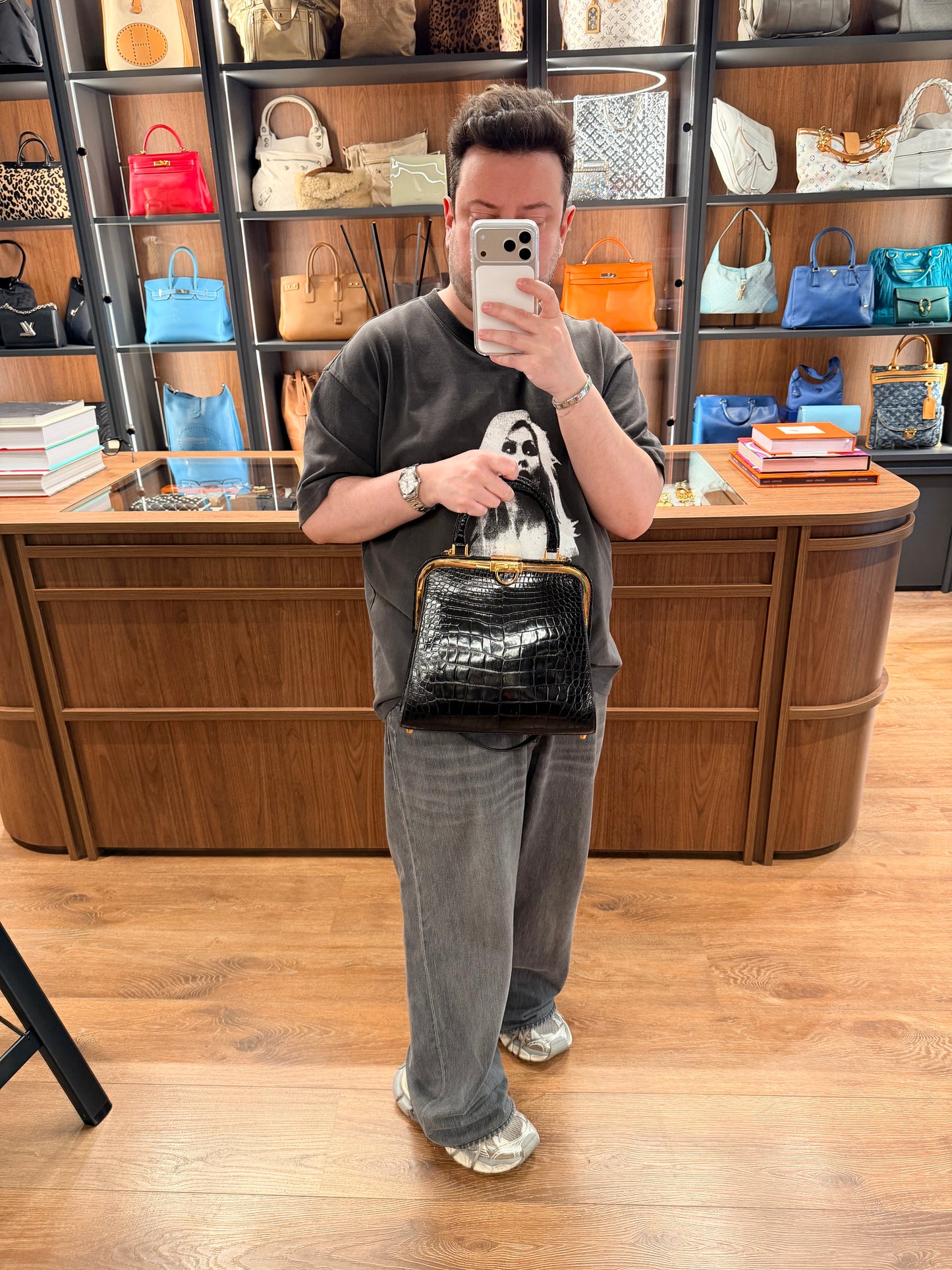 DIOR BLACK SHINY CROCODILE FRAME HANDBAG