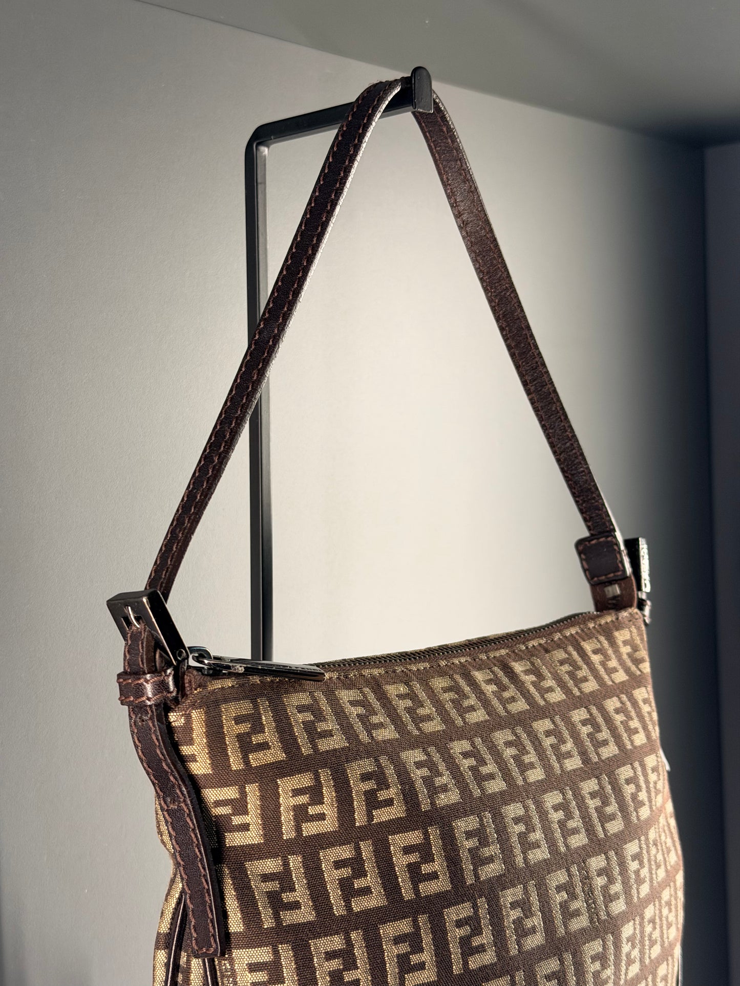 FENDI DARK BROWN ZUCCHINO HALF MOON SHOULDER BAG