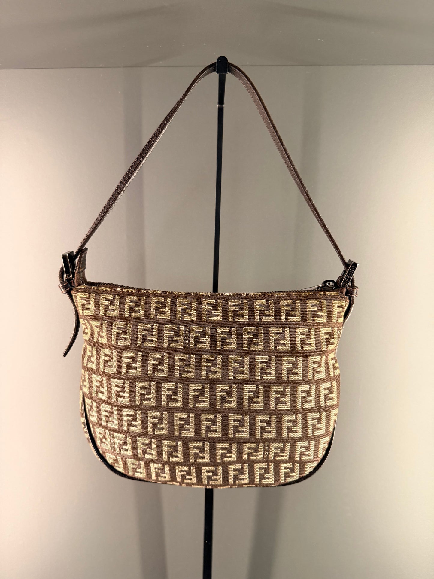 FENDI DARK BROWN ZUCCHINO HALF MOON SHOULDER BAG
