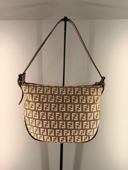 FENDI DARK BROWN ZUCCHINO HALF MOON SHOULDER BAG