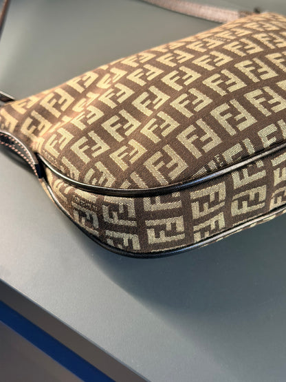 FENDI DARK BROWN ZUCCHINO HALF MOON SHOULDER BAG