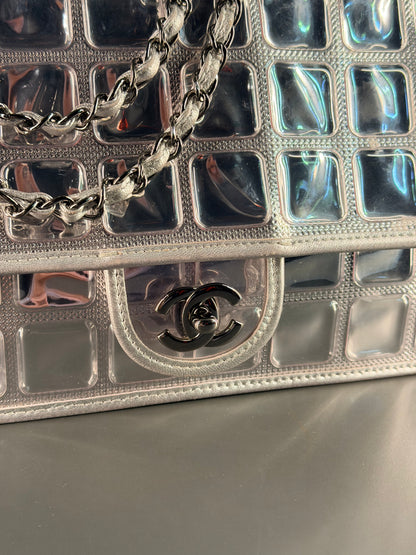 CHANEL SILVER VINYL ICE CUBE CC FLAP SHOULDER BAG