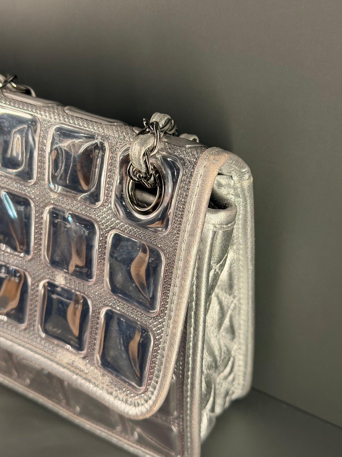CHANEL SILVER VINYL ICE CUBE CC FLAP SHOULDER BAG