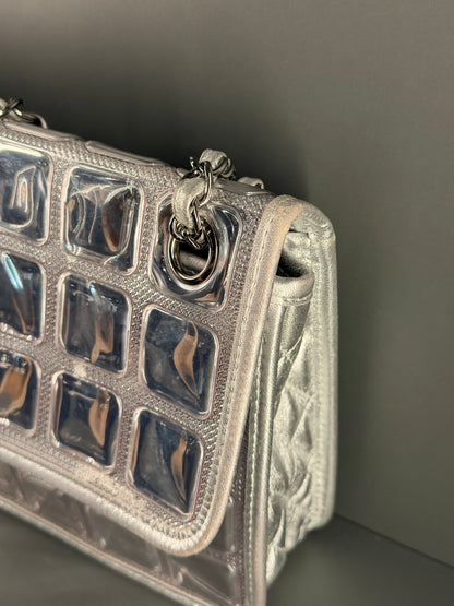 CHANEL SILVER VINYL ICE CUBE CC FLAP SHOULDER BAG