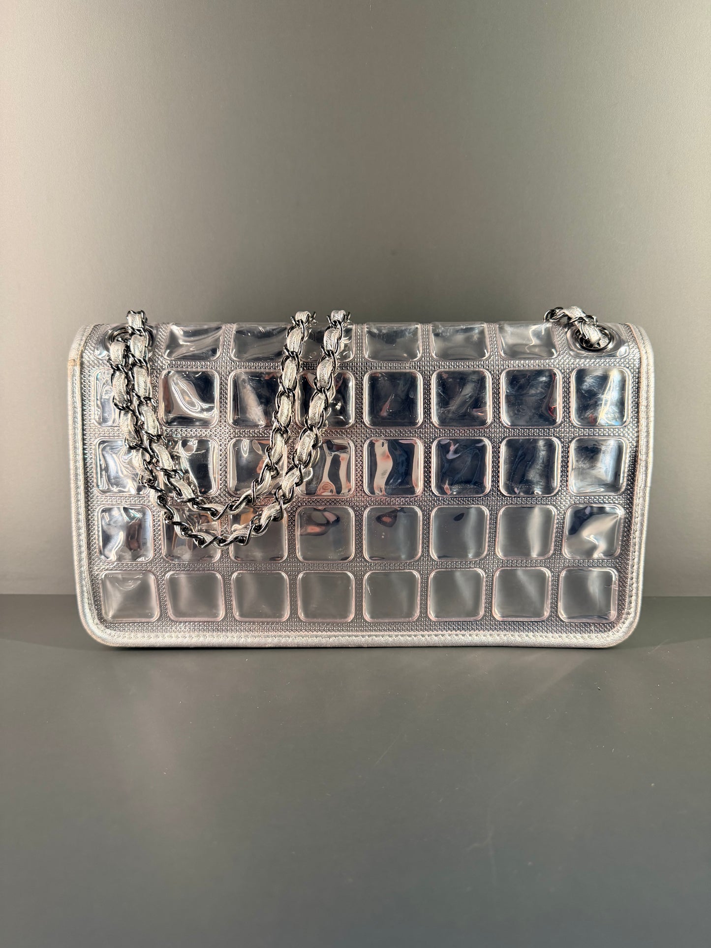 CHANEL SILVER VINYL ICE CUBE CC FLAP SHOULDER BAG