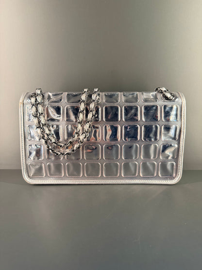 CHANEL SILVER VINYL ICE CUBE CC FLAP SHOULDER BAG