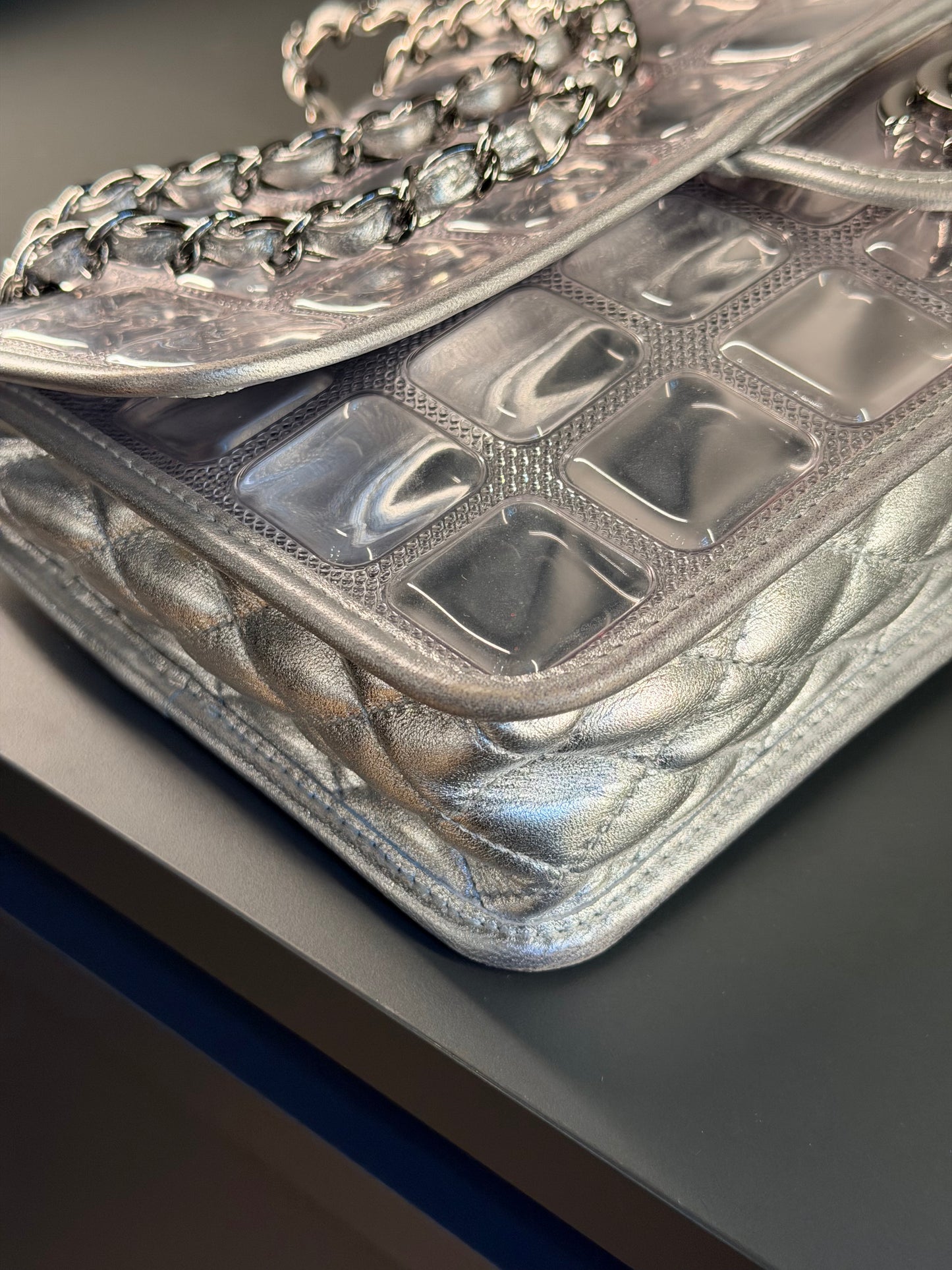 CHANEL SILVER VINYL ICE CUBE CC FLAP SHOULDER BAG