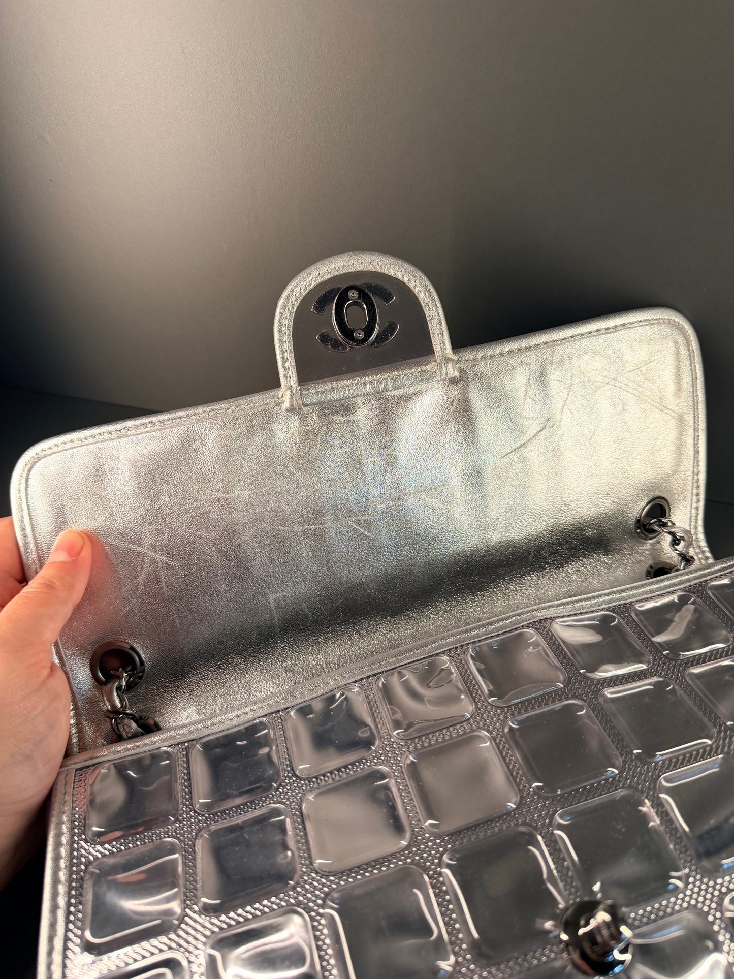 CHANEL SILVER VINYL ICE CUBE CC FLAP SHOULDER BAG