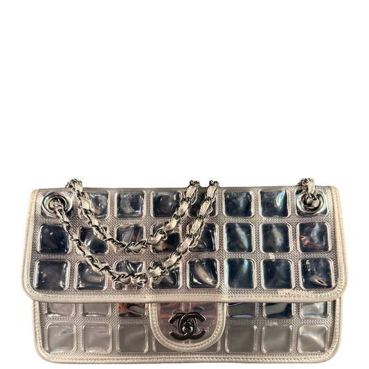 CHANEL SILVER VINYL ICE CUBE CC FLAP SHOULDER BAG