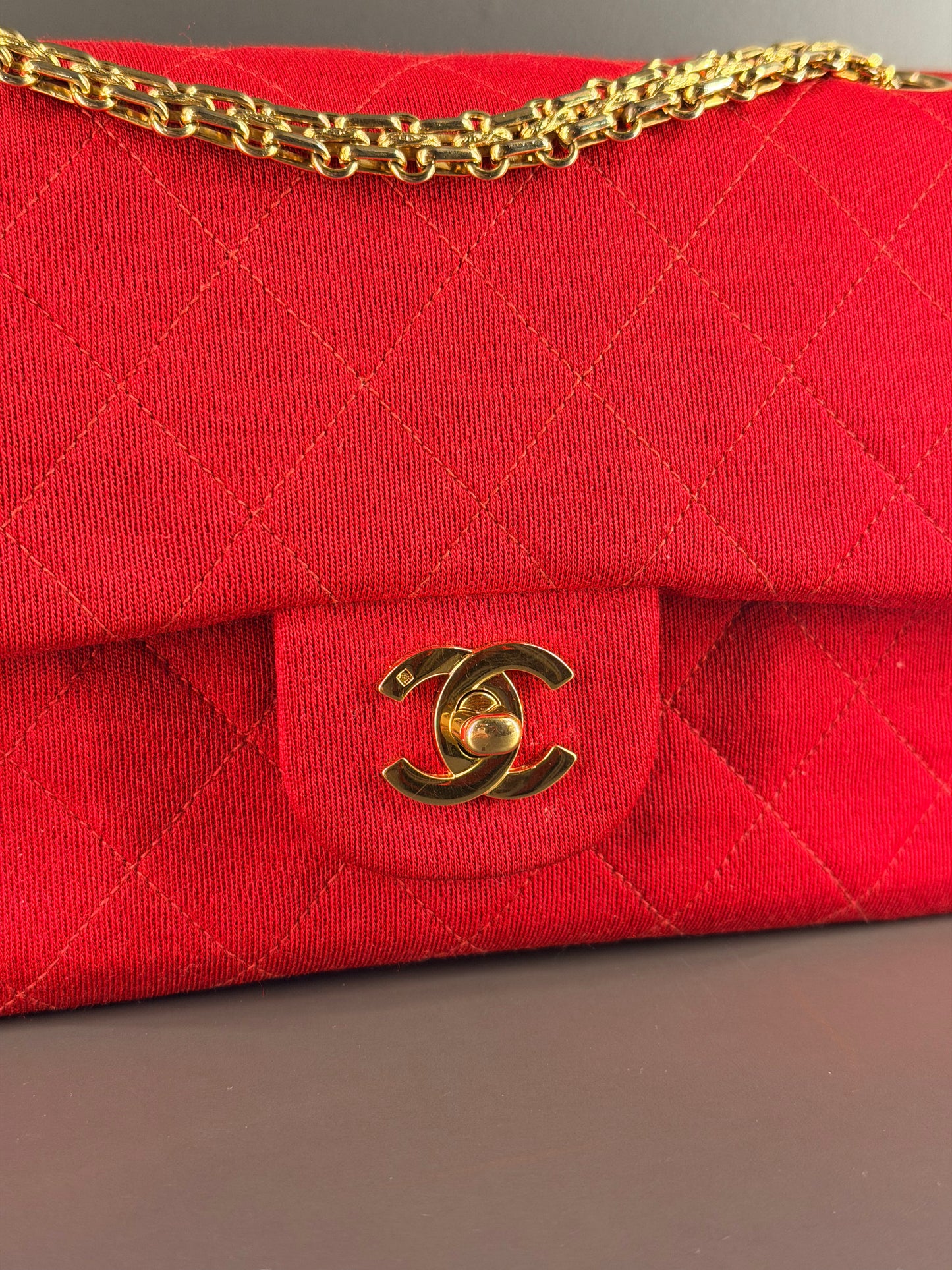CHANEL SMALL RED JERSEY TIMELESS CLASSIC DOUBLE FLAP SHOULDER BAG