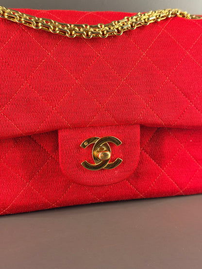 CHANEL SMALL RED JERSEY TIMELESS CLASSIC DOUBLE FLAP SHOULDER BAG