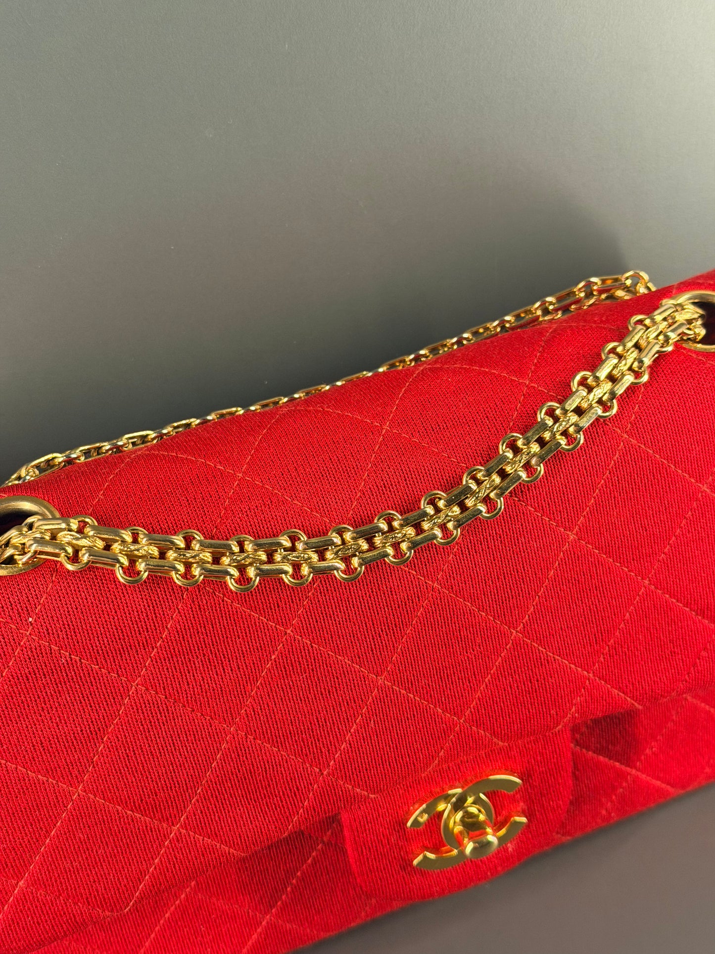 CHANEL SMALL RED JERSEY TIMELESS CLASSIC DOUBLE FLAP SHOULDER BAG