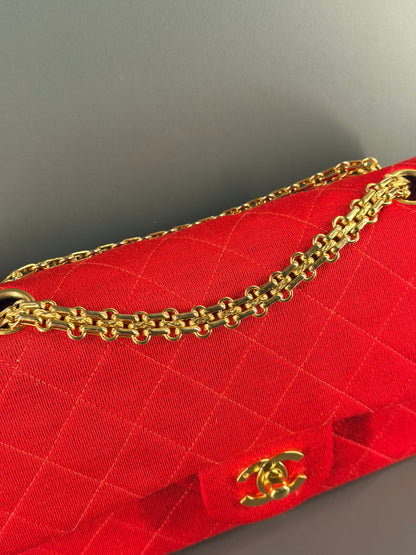 CHANEL SMALL RED JERSEY TIMELESS CLASSIC DOUBLE FLAP SHOULDER BAG