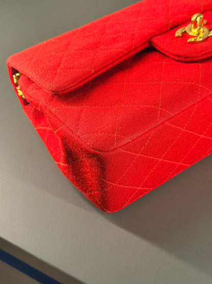 CHANEL SMALL RED JERSEY TIMELESS CLASSIC DOUBLE FLAP SHOULDER BAG