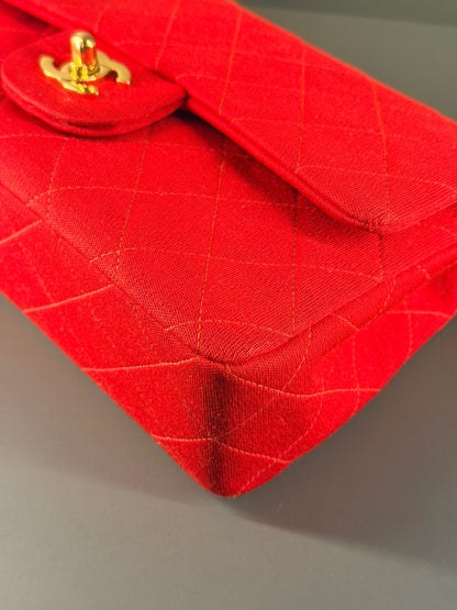 CHANEL SMALL RED JERSEY TIMELESS CLASSIC DOUBLE FLAP SHOULDER BAG