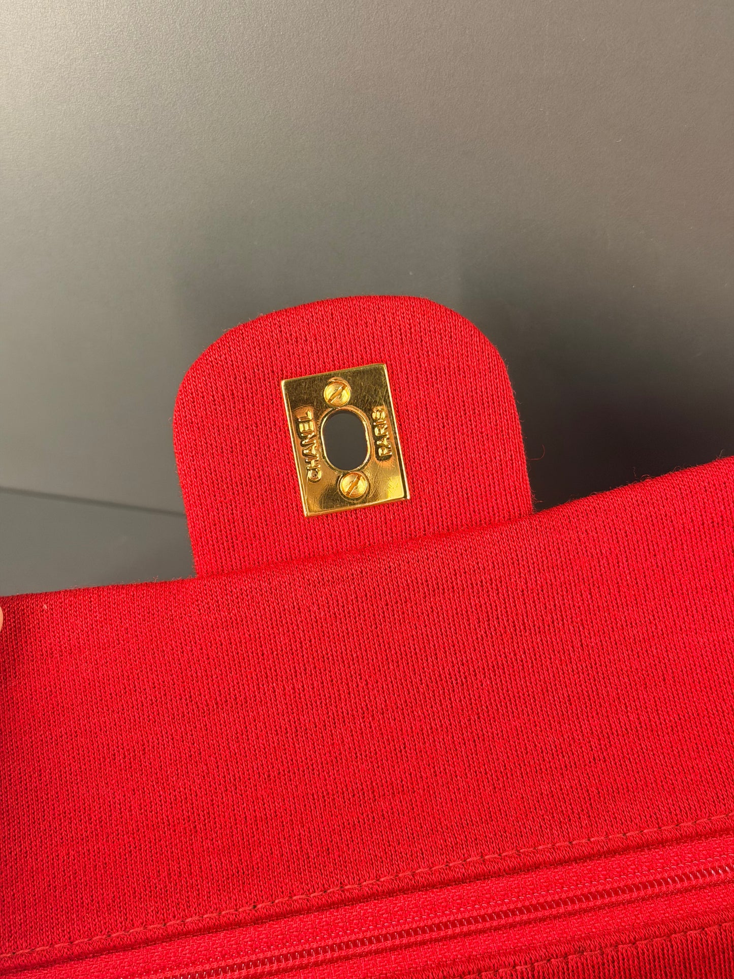CHANEL SMALL RED JERSEY TIMELESS CLASSIC DOUBLE FLAP SHOULDER BAG