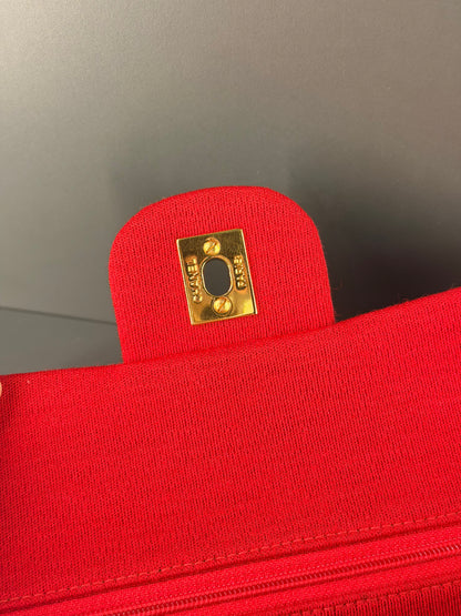CHANEL SMALL RED JERSEY TIMELESS CLASSIC DOUBLE FLAP SHOULDER BAG