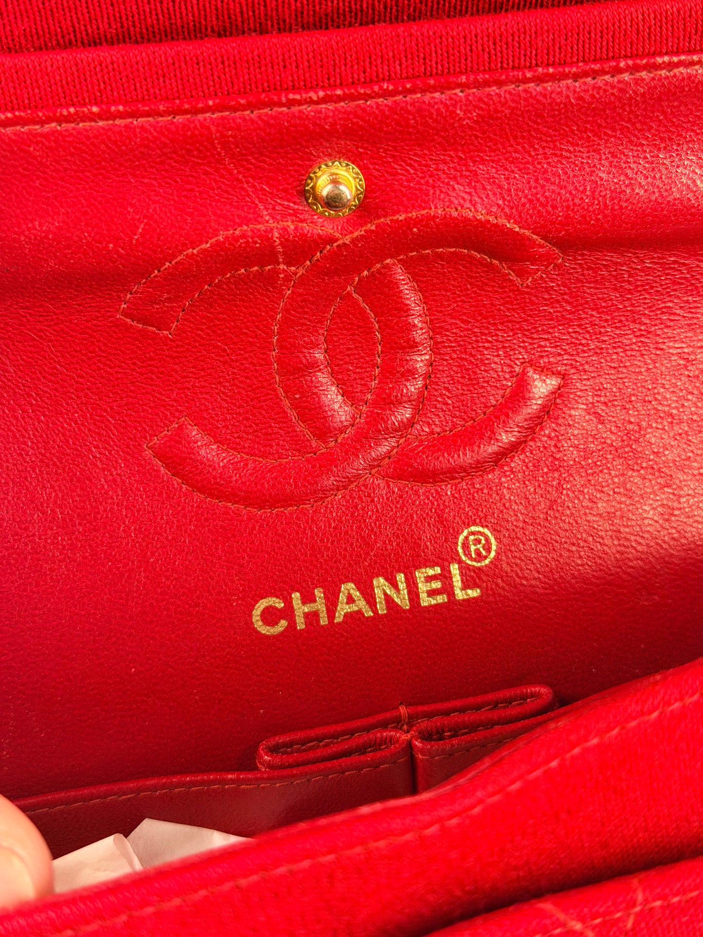 CHANEL SMALL RED JERSEY TIMELESS CLASSIC DOUBLE FLAP SHOULDER BAG