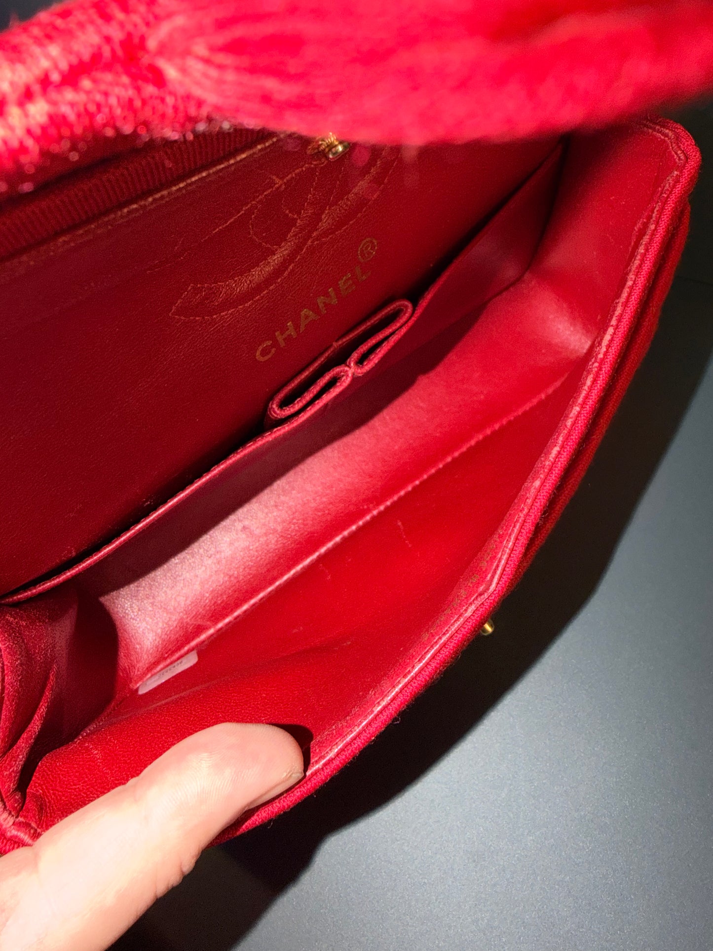 CHANEL SMALL RED JERSEY TIMELESS CLASSIC DOUBLE FLAP SHOULDER BAG