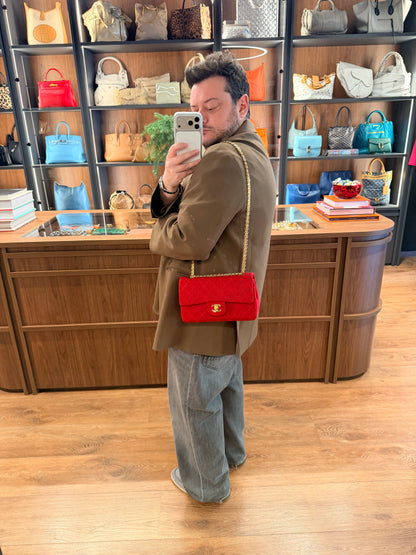CHANEL SMALL RED JERSEY TIMELESS CLASSIC DOUBLE FLAP SHOULDER BAG