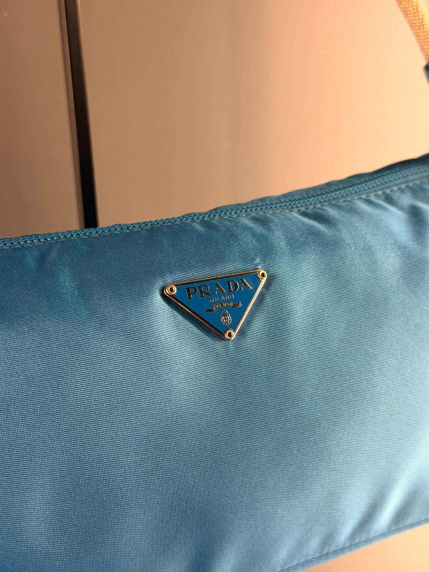 PRADA LIGHT BLUE NYLON EAST WEST SHOULDER BAG