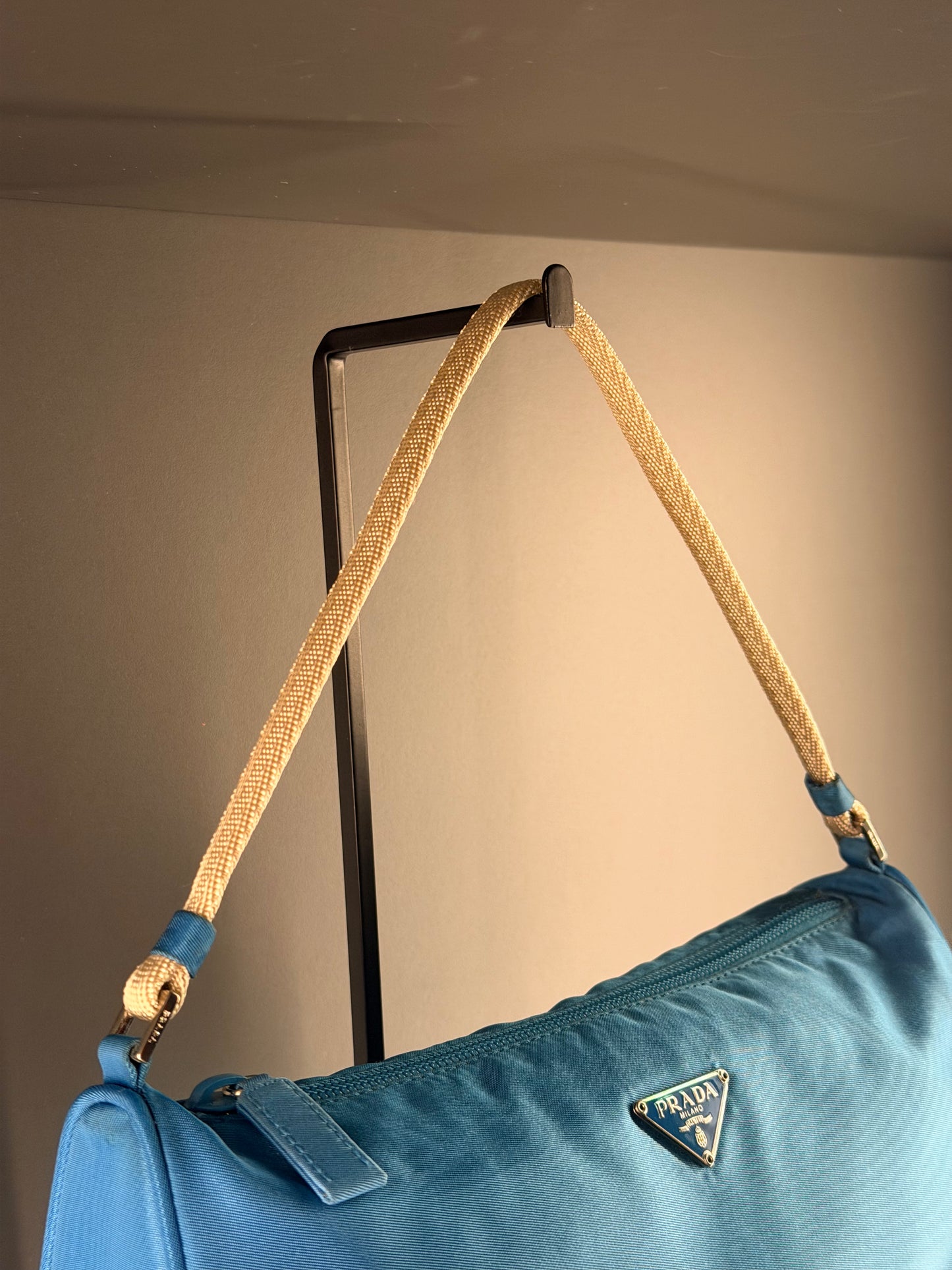 PRADA LIGHT BLUE NYLON EAST WEST SHOULDER BAG