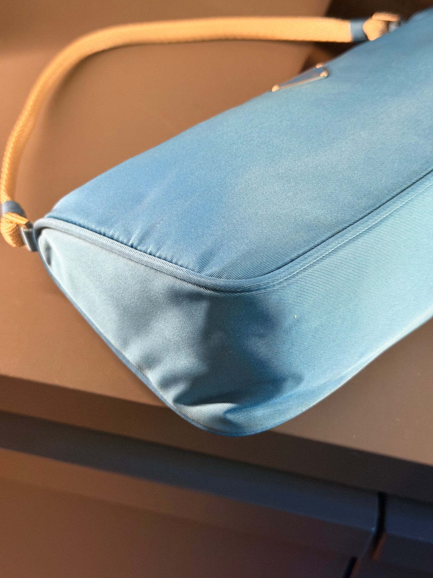 PRADA LIGHT BLUE NYLON EAST WEST SHOULDER BAG