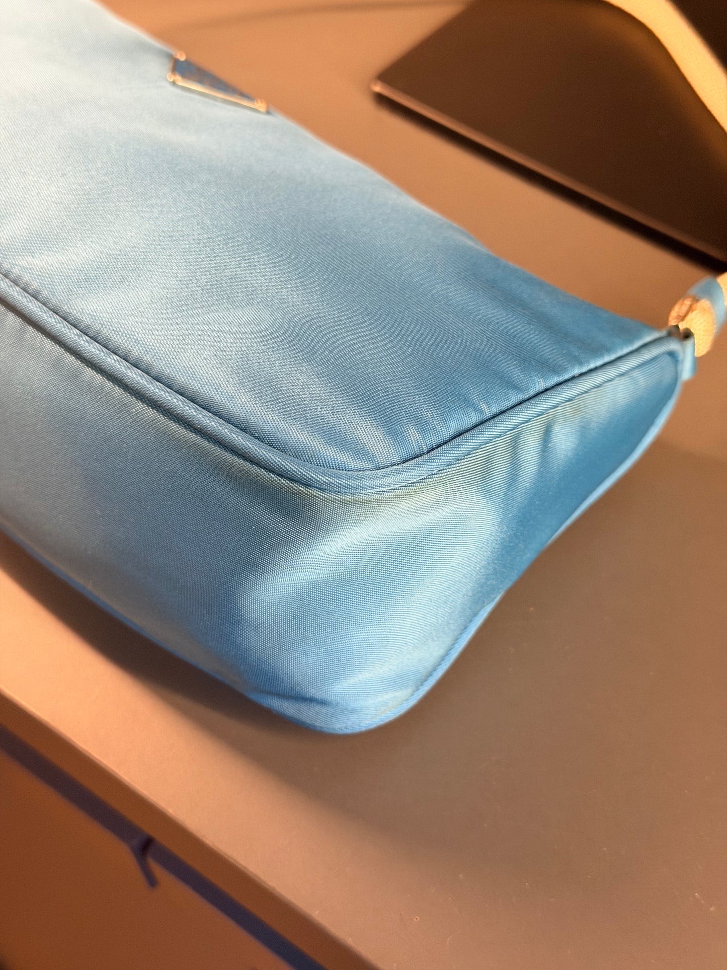 PRADA LIGHT BLUE NYLON EAST WEST SHOULDER BAG