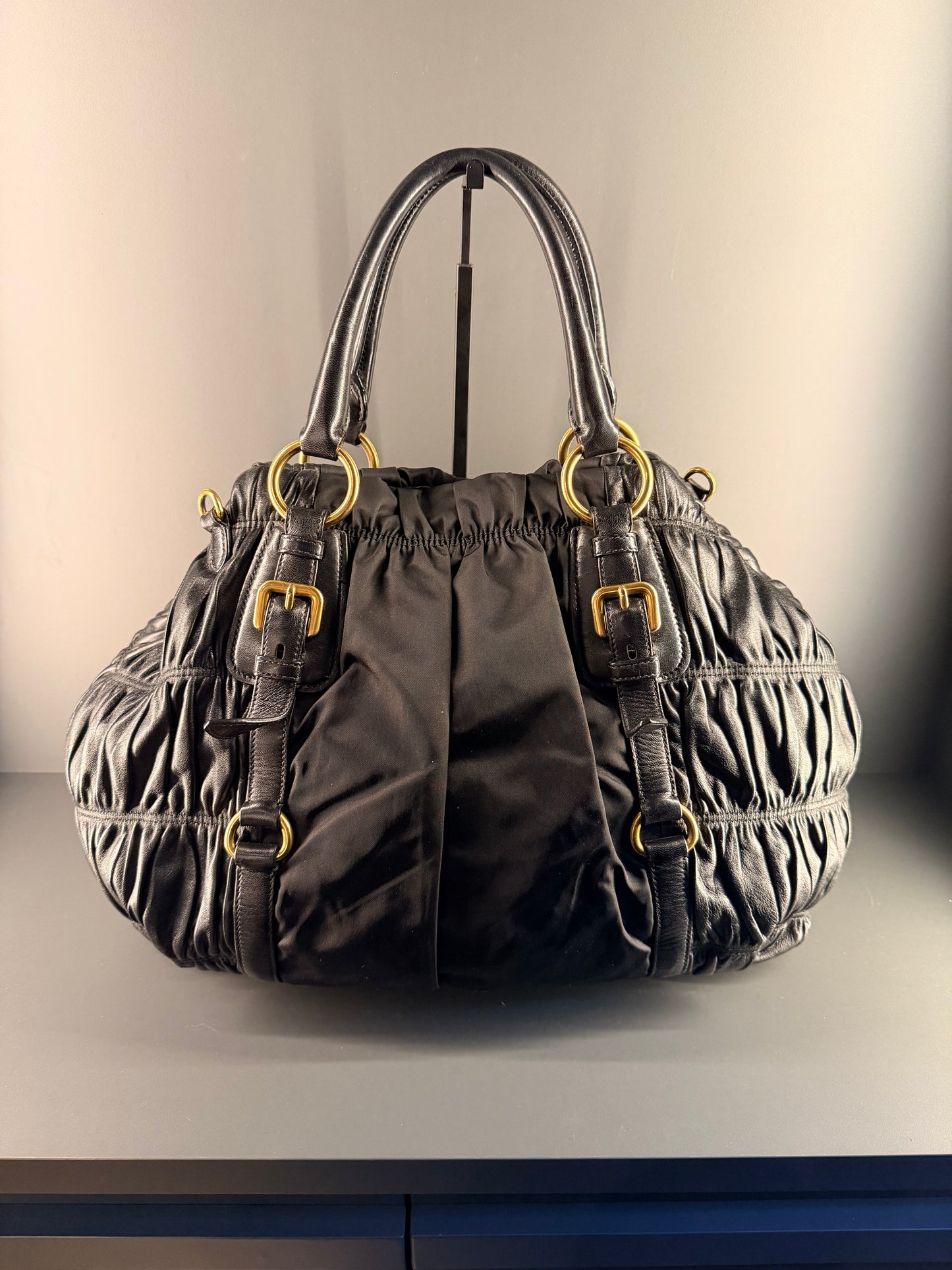 PRADA BLACK GOFFRATO & NYLON TWO WAY HANDBAG