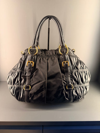 PRADA BLACK GOFFRATO & NYLON TWO WAY HANDBAG