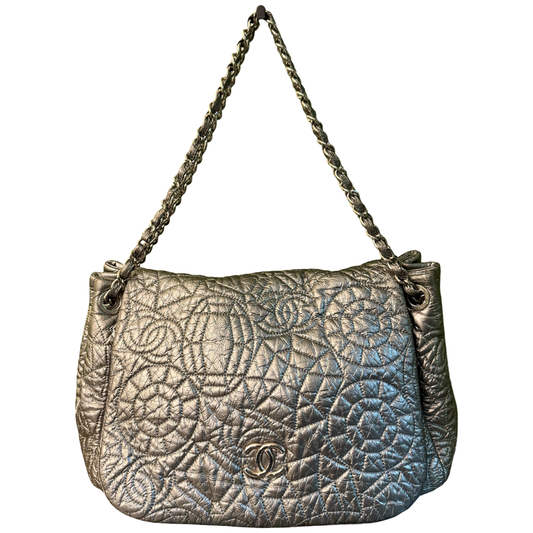 CHANEL SILVER EMOBOSSED LOGO SHOULDER BAG