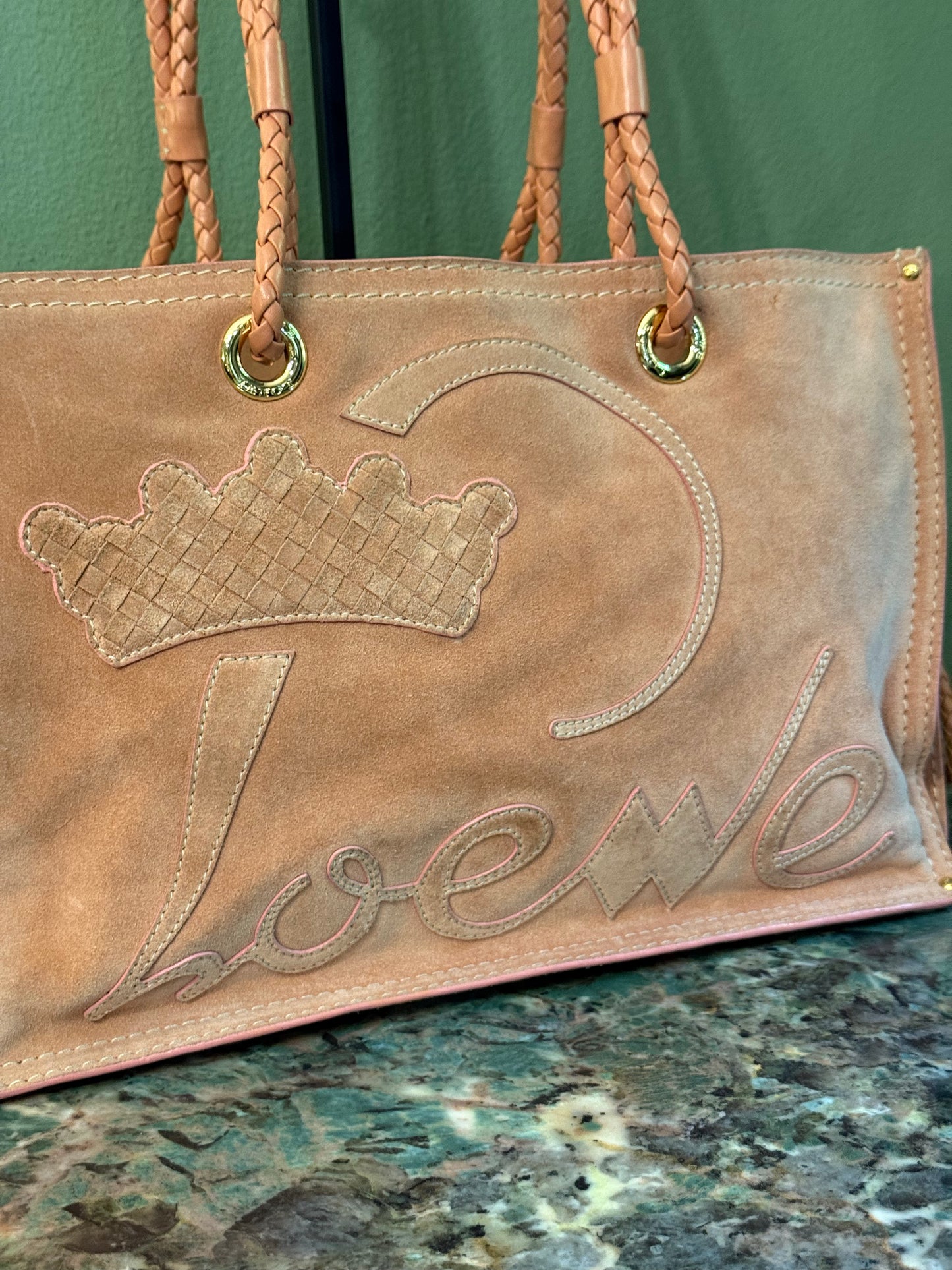 LOEWE PINK SUEDE CROWN LOGO SHOPPING TOTE