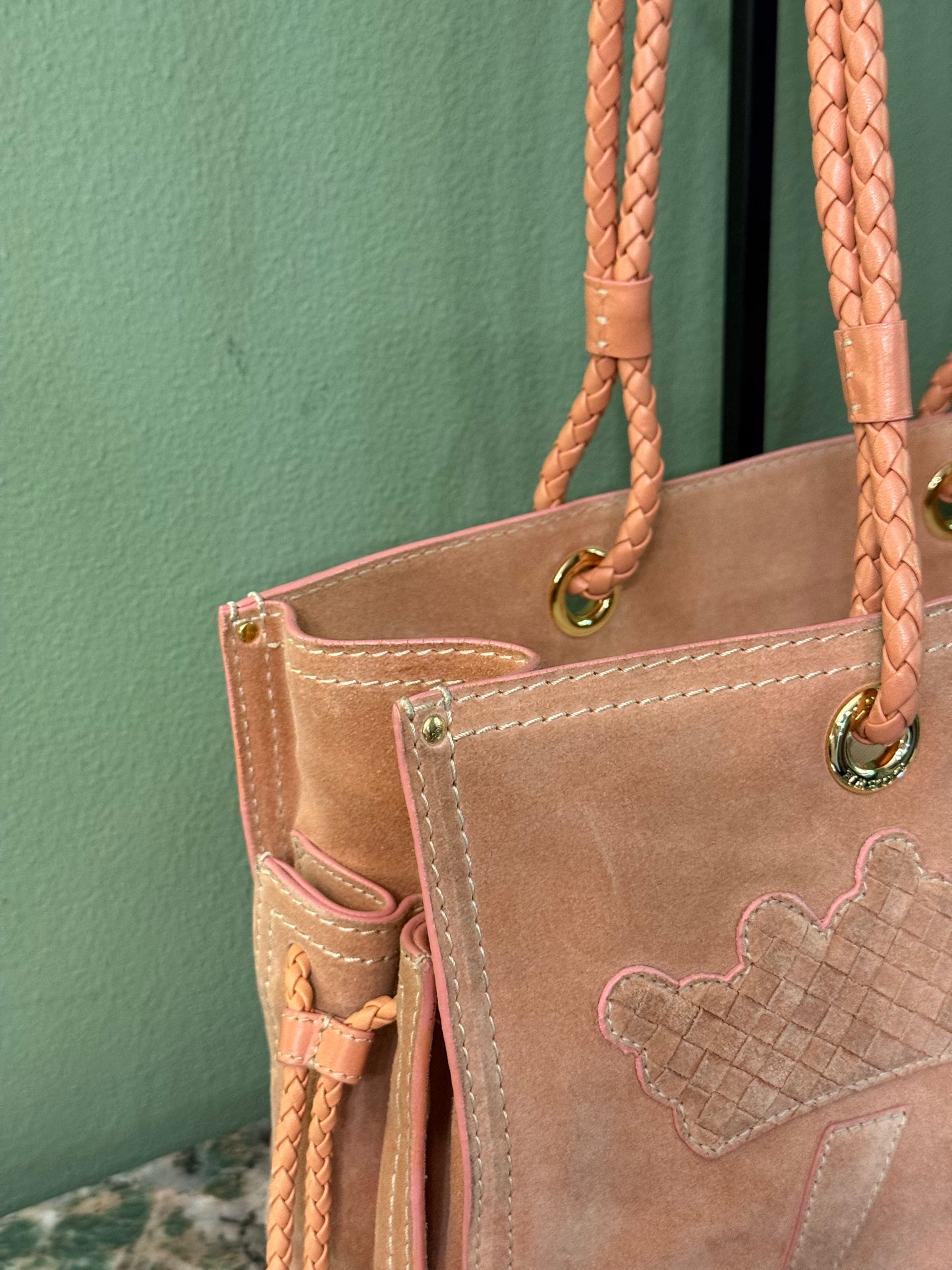 LOEWE PINK SUEDE CROWN LOGO SHOPPING TOTE