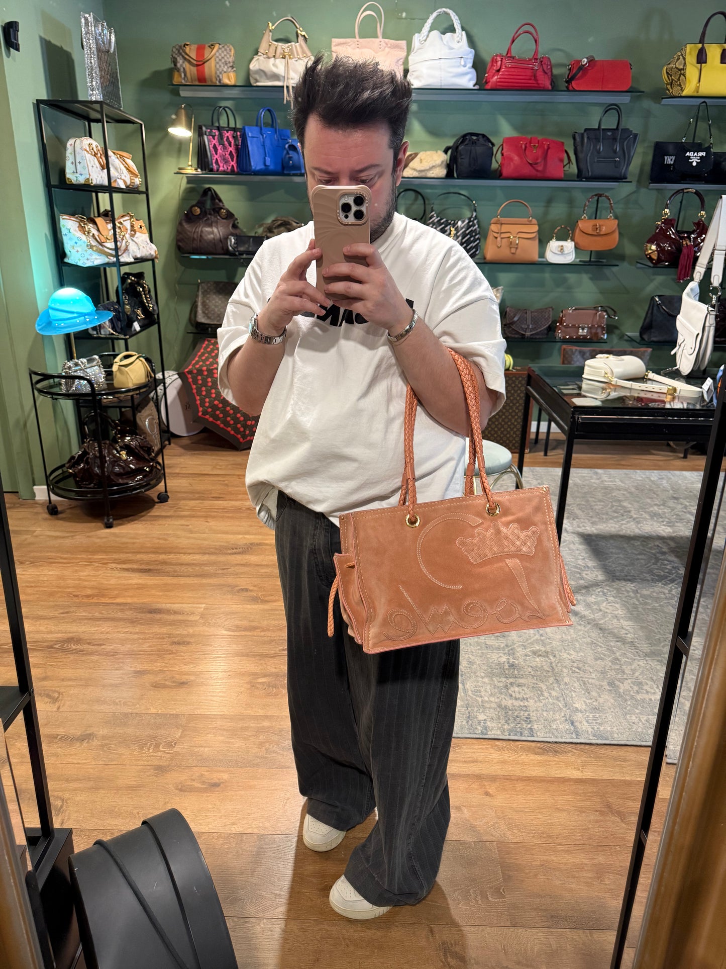 LOEWE PINK SUEDE CROWN LOGO SHOPPING TOTE