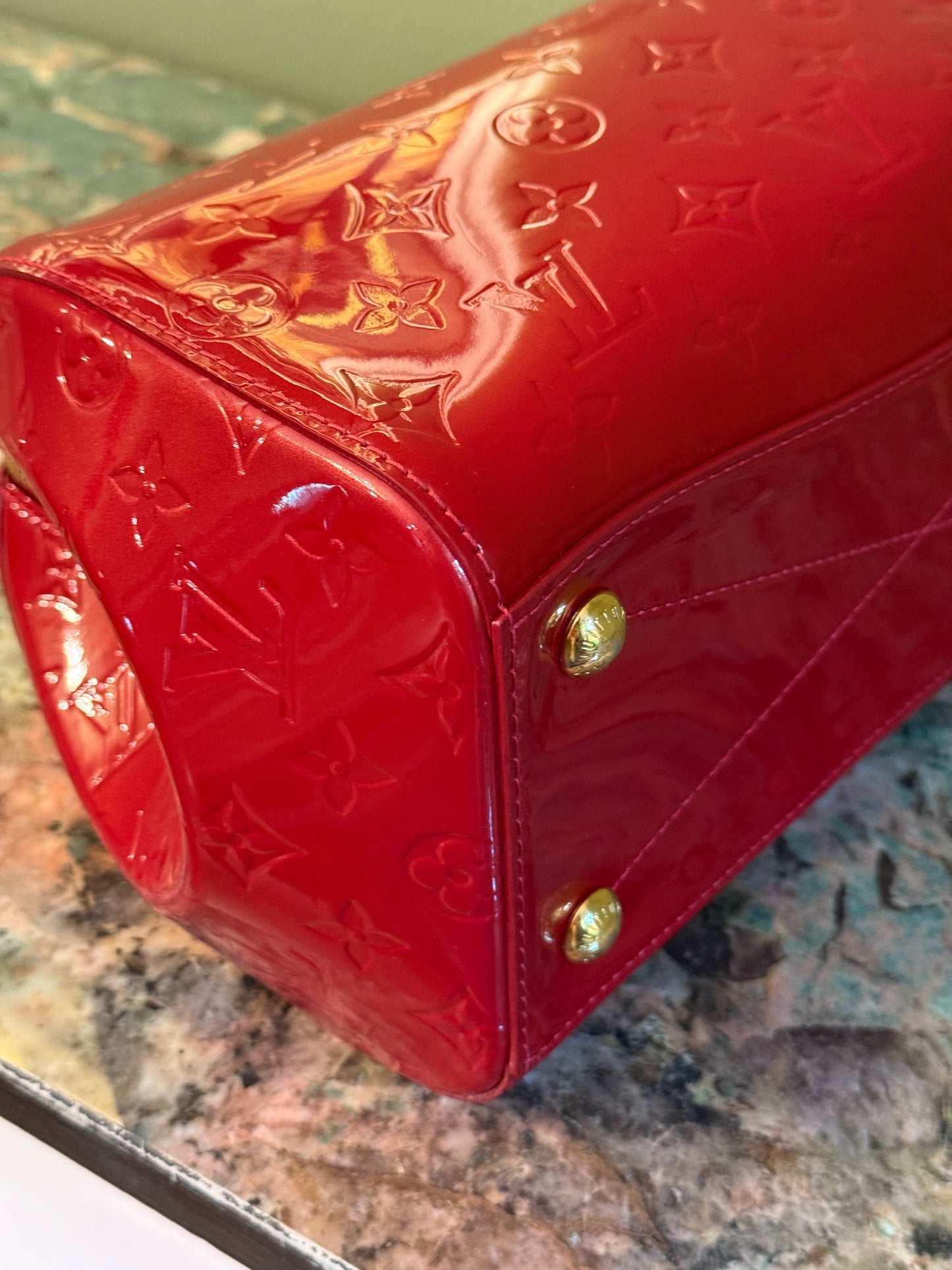 LOUIS VUITTON RED MONOGRAM VERNIS MONTANA BOSTON BAG