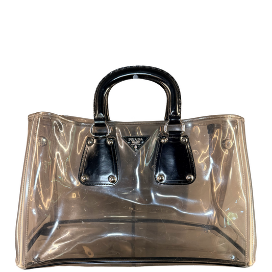 PRADA BLACK SPAZZOLATO TRIMMED PVC TOTE BAG