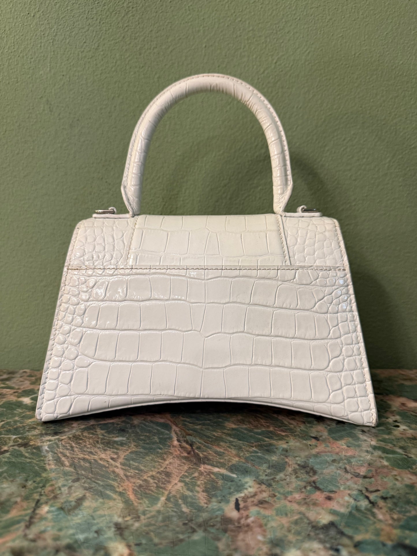 BALENCIAGA WHITE EMBOSSED CROCODILE SMALL HOURGLASS HANDBAG
