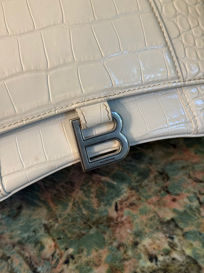 BALENCIAGA WHITE EMBOSSED CROCODILE SMALL HOURGLASS HANDBAG